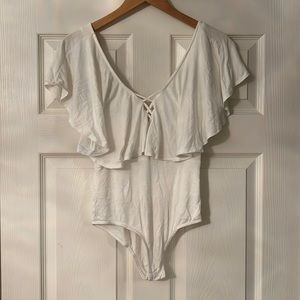White Plunging Laced up Body Suit Top